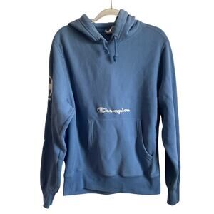 Champion Reverse Weave Embroidered Spellout Blue Hoodie - Size Medium